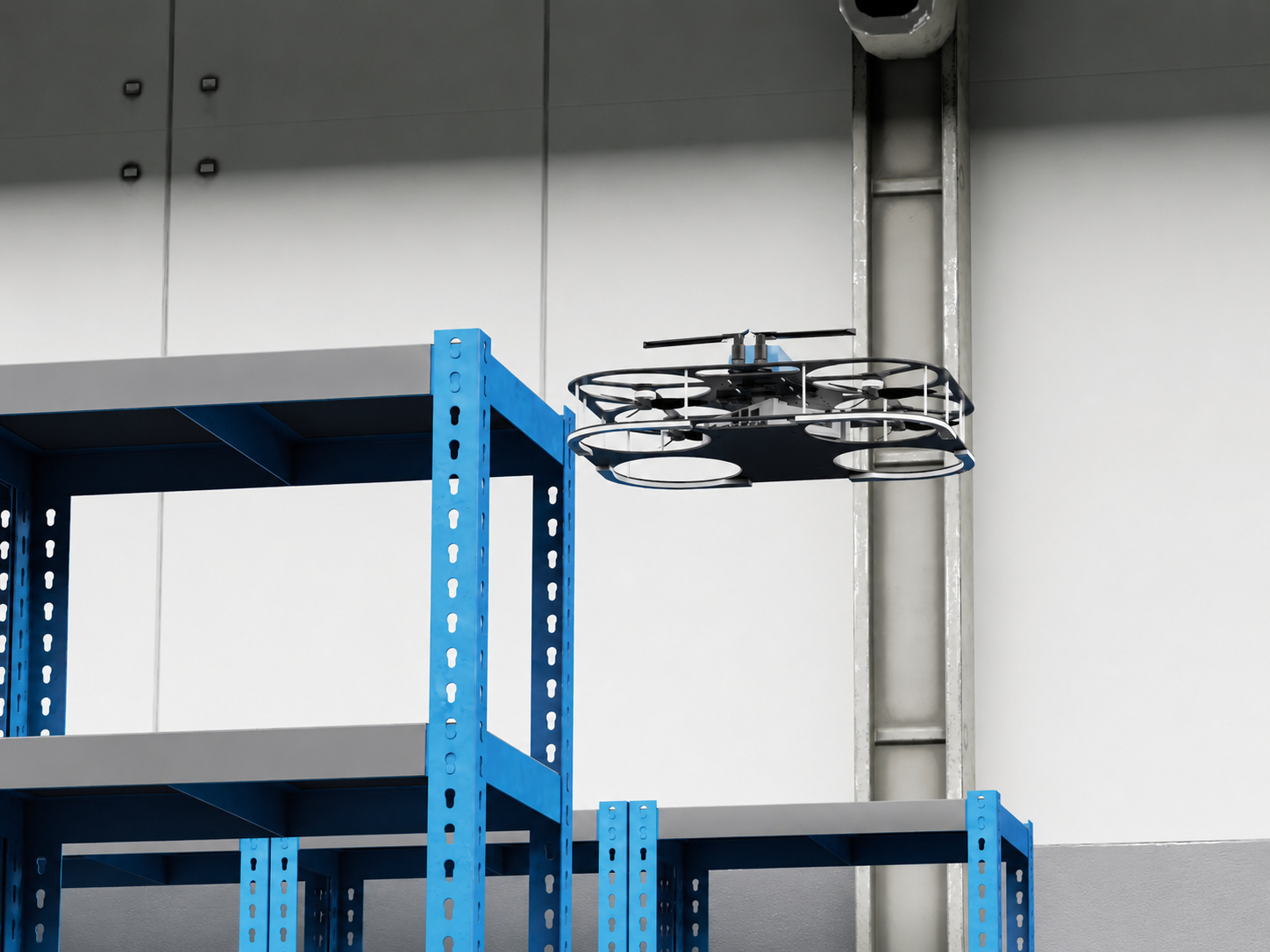 Drone patrols the upper level of warehouse racks