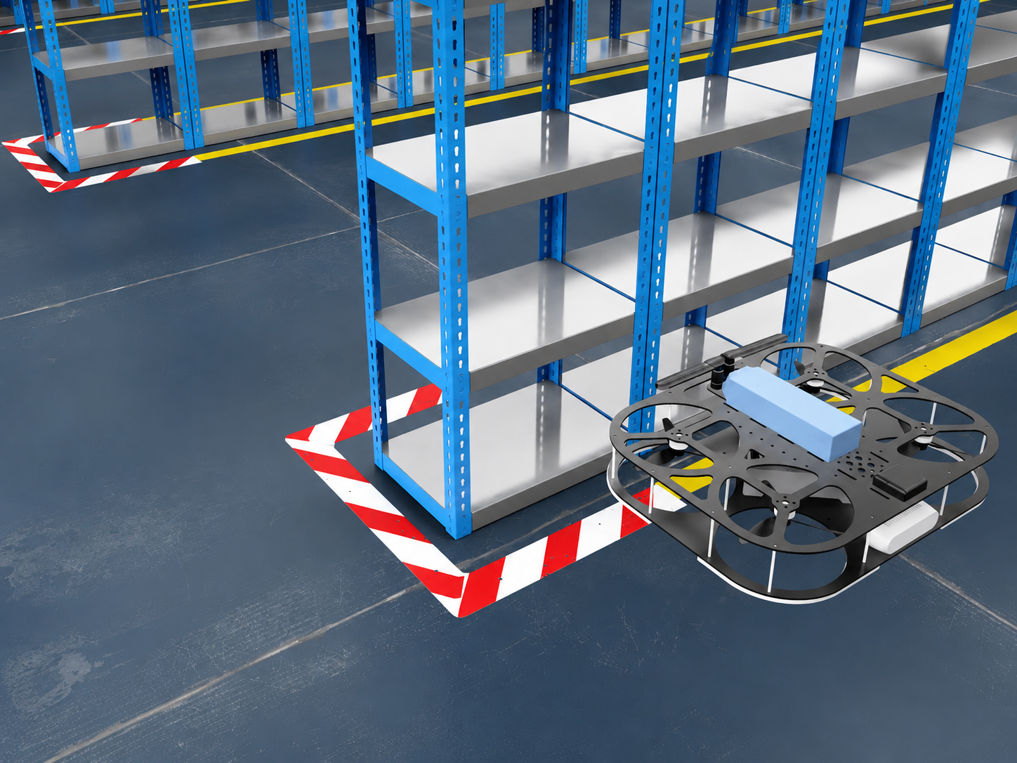 Drone flies around a warehouse marking zone