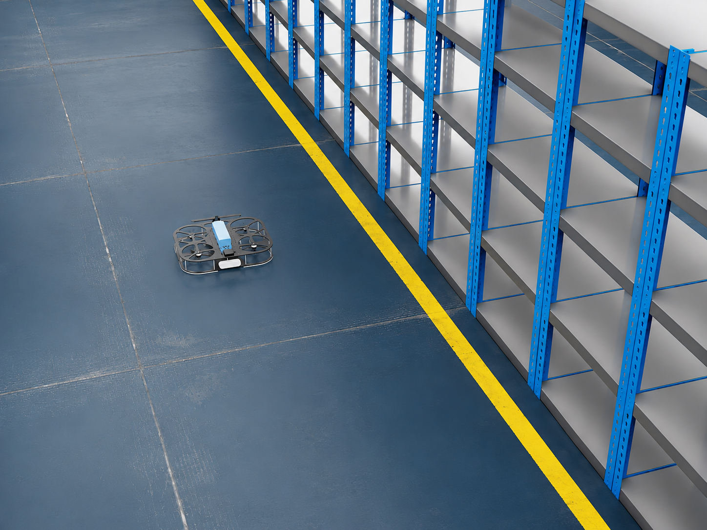 Drone moves along racks on a warehouse route
