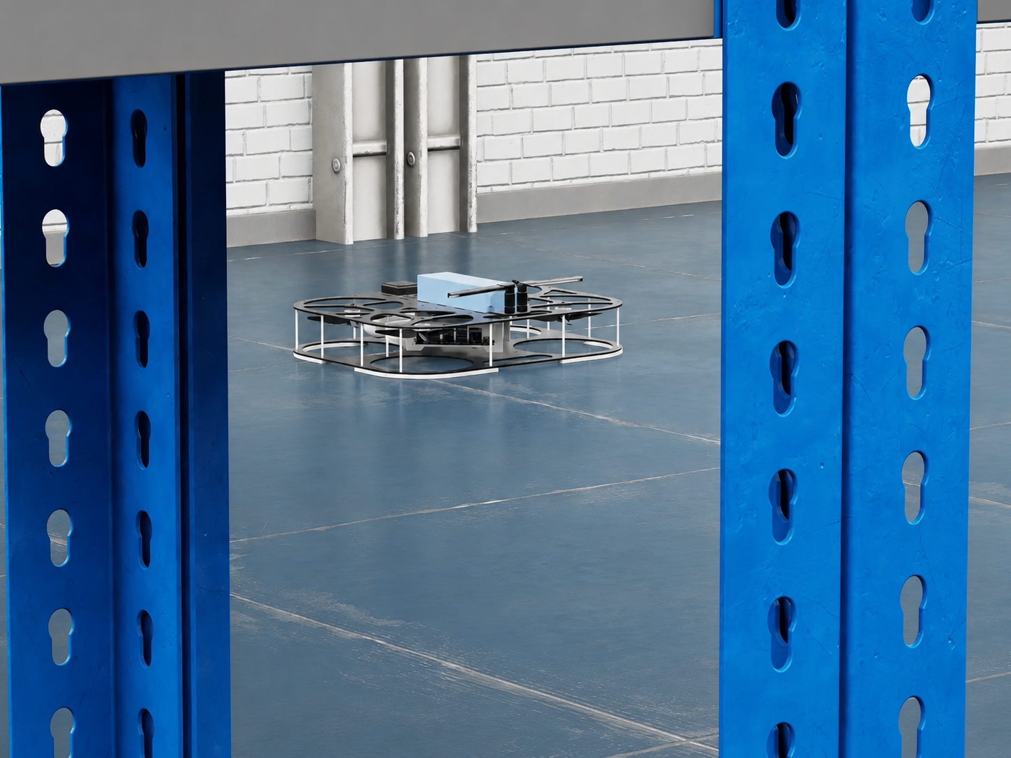 Drone inspects the aisle between racks